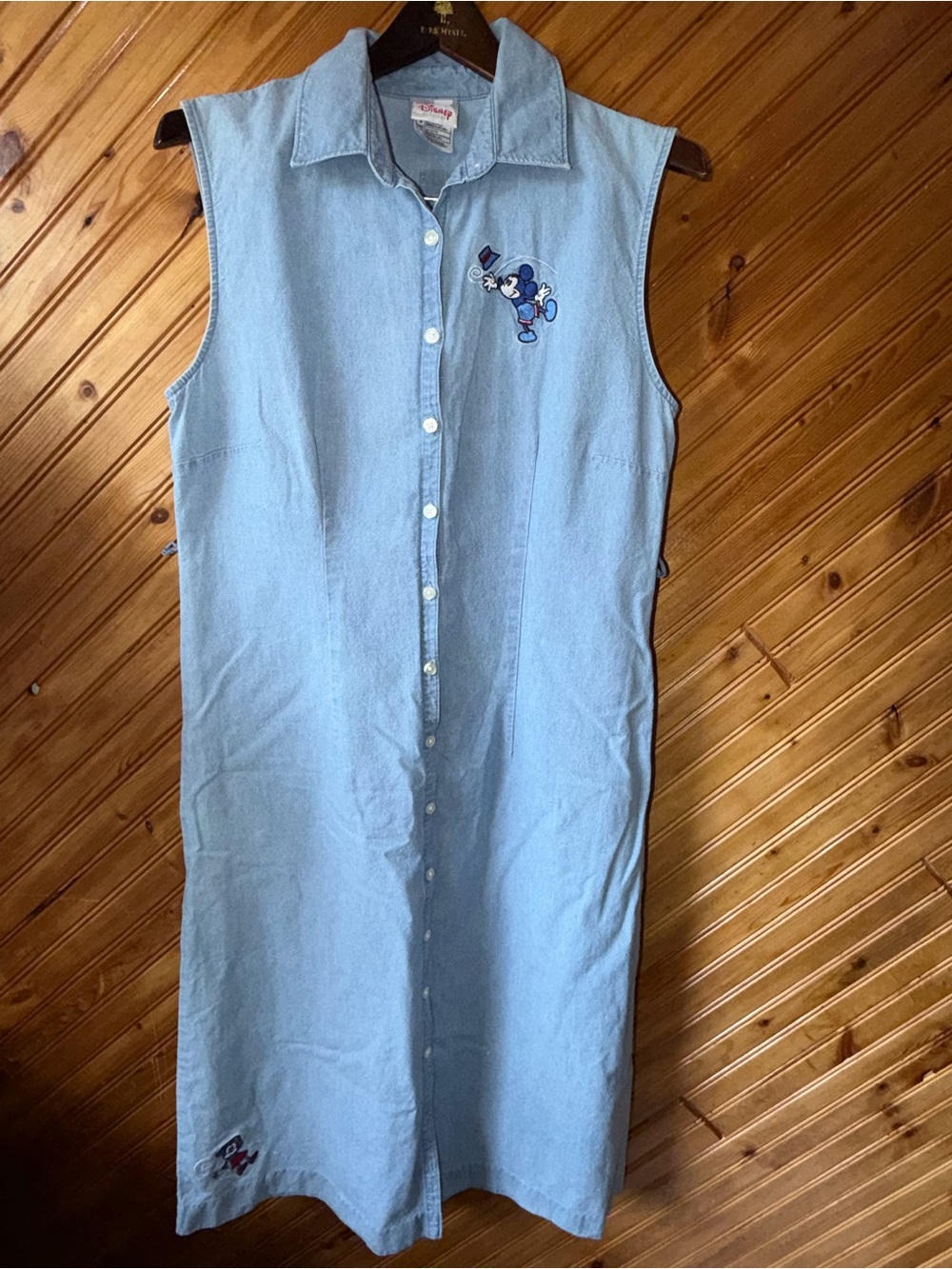 VINTAGE Sleeveless Light Blue Denim Shirt Dress with Embroidered Mickey Mouse